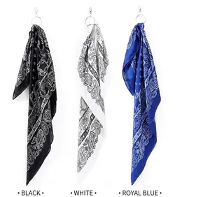 Premium retro paisley pattern silk square scarves in black white and royal blue colors
