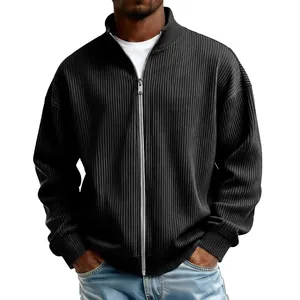 Men Casual Full Zip Up Mock Neck Ribbed Knit Top Polyester Long Sleeve Solid Color Sweatshirt Autumn Winter Outerwear For Men