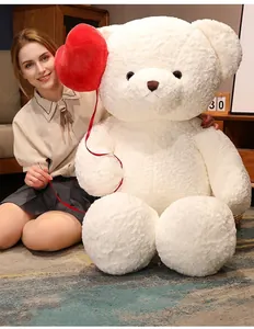 Large white teddy bear plush toy with red heart balloon for Valentine's Day gift
