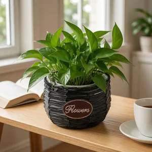Close-up detail of a black woven plant basket featuring a classic Flowers label plate