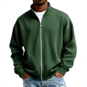 Men's premium dark green full-zip sweatshirt featuring a ribbed texture and high collar.