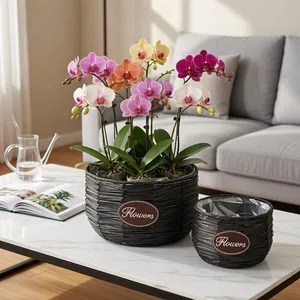 Detail view of two hand-woven black flower baskets in a modern living room setting