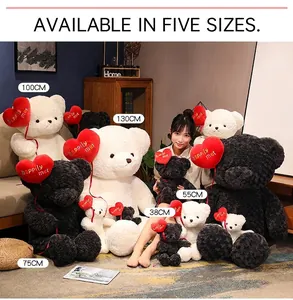 Teddy bear plush toys in multiple sizes with red heart balloons in a cozy lifestyle room