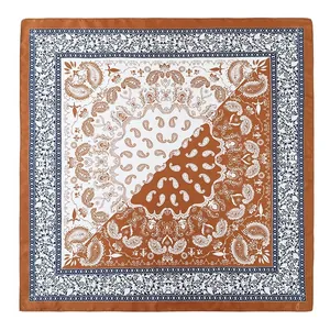 Vintage paisley print square scarf featuring a caramel brown and white silk-like texture