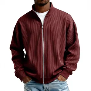 Premium men's maroon full-zip ribbed sweatshirt with stand collar for trendy autumn and winter style