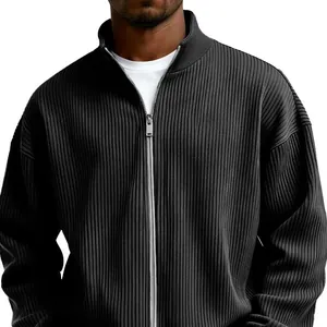 Men's black full-zip sweatshirt with stand collar and chunky ribbed texture for winter