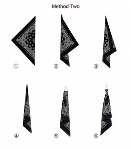 Step-by-step instructional guide showing how to fold a vintage paisley bandana scarf