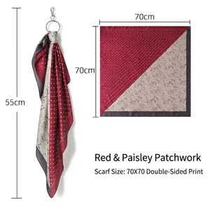 Detailed dimensions and paisley pattern of the red apricot color block square silk scarf.