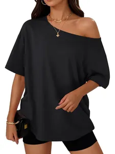 Stylish black off-the-shoulder loose t-shirt showing the chic one-shoulder neckline detail