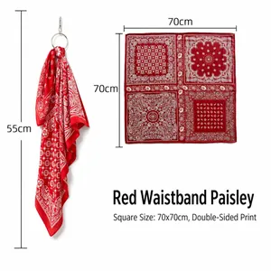 Red vintage paisley bandana scarf with 70x70cm dimensions and double-sided print