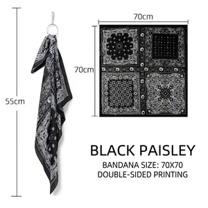 Detail view of black paisley square scarf with 70x70cm size and double-sided print
