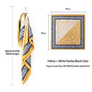 Vintage paisley square silk scarf with yellow and white pattern, 90x90cm size