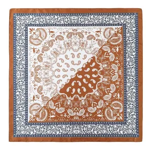 Vintage paisley print silk square scarf in caramel and white with ornate floral borders