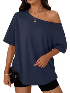 Detail view of the navy blue off-the-shoulder loose t-shirt in stylish Y2K fashion.