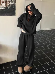 Women's American retro plain black hooded sweatshirt and wide-leg sweatpants set