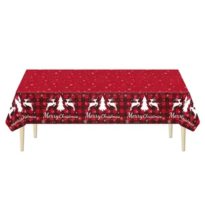 Mantel de Navidad a cuadros rojos y negros con copos de nieve y renos blancos
