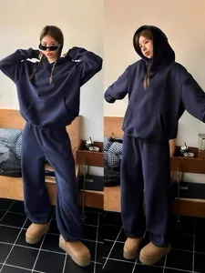 Women Top And Bottom Casual American Retro Cotton Navy Blue Solid Hooded Sweatshirt Wide Leg Pants Sporty Joggers