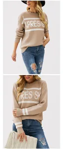 Dettaglio maglione in maglia beige con jacquard APRÈS SKI bianco e dettagli a righe
