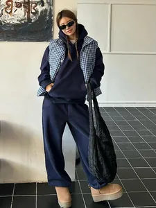 Women's American retro navy blue hooded sweatshirt and wide-leg sweatpants two-piece set