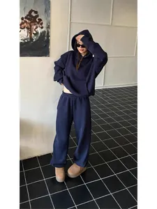 Women's American vintage navy blue hooded sweatshirt and wide-leg sweatpants two-piece sports set