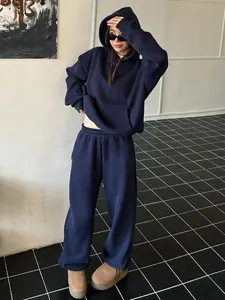 Women's navy blue oversized hoodie and wide-leg sweatpants set with casual American style