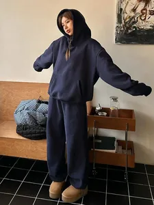 Women's vintage oversized navy blue hoodie and wide-leg sweatpants two-piece set