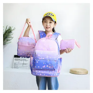 Three-piece girls' school bag set featuring purple gradient galaxy print and waterproof fabric