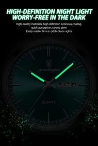 Primer plano de las manecillas e índices luminosos en el dial del reloj de cuarzo Poedagar