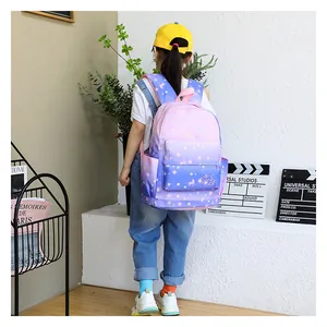 Back view of a girl wearing a gradient purple unicorn star print school backpack