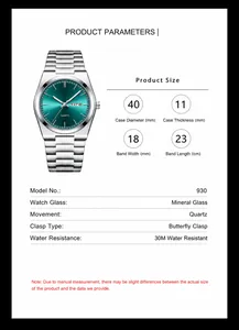 Tabla de especificaciones para reloj de cuarzo impermeable hombre con esfera verde
