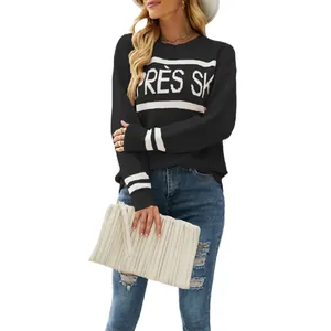 Maglione da donna casual in maglia nera con girocollo e design jacquard Après Ski