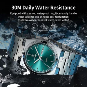 Luxuriöse wasserdichte Herrenquarzuhr mit grünem Zifferblatt und Edelstahlarmband Design.