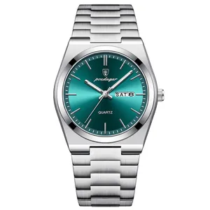 Luxuriöse Herrenuhr aus silbernem Edelstahl mit grünem Zifferblatt und Datumsanzeige