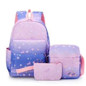 Waterproof 3-piece girls' backpack set featuring purple unicorn and floral prints