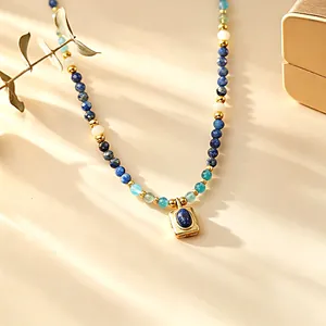 Natural Stone Beaded Choker Necklace Multicolor Fine Beads Square Lapis Lazuli Pendant Gold Plated Copper Chain Jewelry