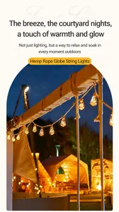 Vue détaillée de guirlandes solaires en corde de chanvre sur un camping extérieur la nuit