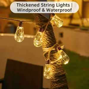 Guirlande lumineuse solaire en corde de chanvre avec ampoules LED chaudes jardin