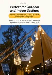 Guirlande solaire en corde de chanvre éclairant une tente de camping en plein air au crépuscule