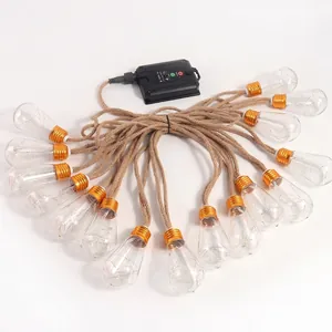 Guirlande solaire extérieure avec corde de chanvre rustique et 15 ampoules LED pour camping.