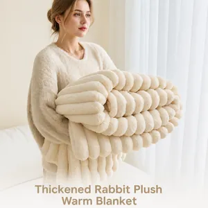 Modern Minimalist Polyester Thick Plush Faux Rabbit Fur Blanket Ribbed Texture Solid Color Warm Throw Blanket For Sofa Bed Office Car