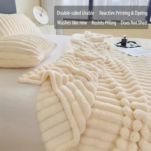 Thick luxury striped rabbit fur fleece blanket in cream white for bed and sofa