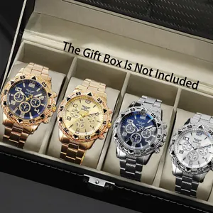 Primo piano di quattro orologi al quarzo di lusso da uomo con cinturino in acciaio in una custodia