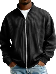 Close-up detail of a premium black ribbed full-zip sweatshirt jacket for men in winter