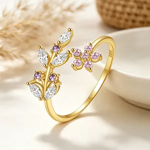 Bague ouverte élégante en argent 925 plaqué or avec feuilles et fleurs en zircon rose