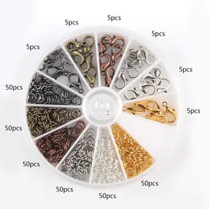 Close-up of DIY jewelry making kit with 6-color lobster clasps and jump rings in box
