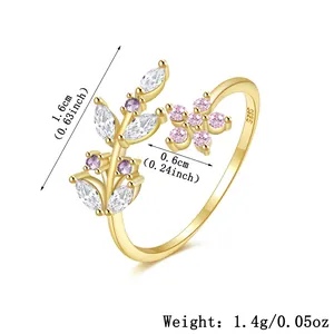 Vue détaillée bague ouverte argent 925 motif feuille fleur avec mesures