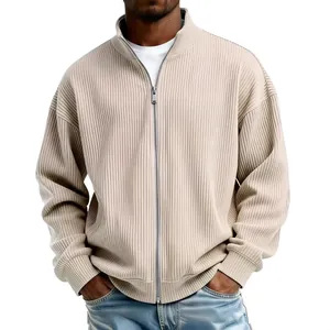 Men's full-zip mock neck ribbed sweatshirt in cream featuring high-quality knit texture