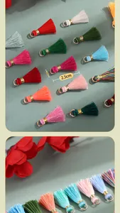 Close-up detail of mini rayon tassels with golden rings showing 2.5cm size