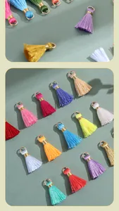 Detailed view showing a wide variety of colorful 2cm mini tassels with gold rings