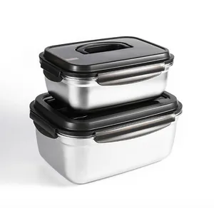 Set van twee 304 roestvrijstalen bento boxen met zwarte vacuüm verzegelde deksels